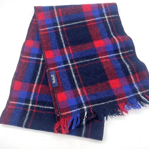 Woolrich Vintage Blue Red Plaid Wool Blend Scarf Fringe Rectangle - Picture 1 of 4